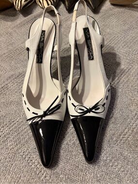 Via Spiga White and Black Pointed Slingback Pumps with Bow Accent